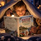 AI illusztráció - Gyermek a Magyar szívvel könyvet olvassa este